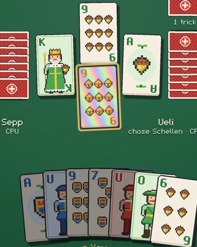 A Schieber hand in Pixel Card Club: the trick on the felt and your own nine cards