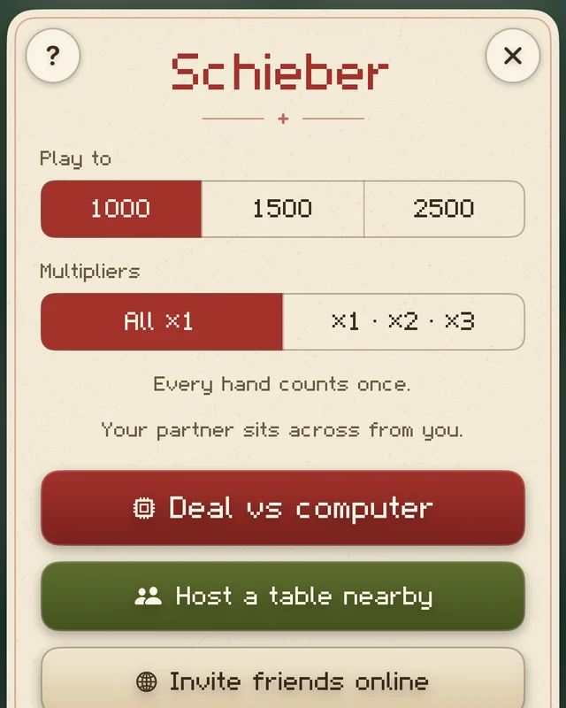 Pixel Card Club's table setup for Schieber: play to 1000, multipliers, and the Host a table nearby button