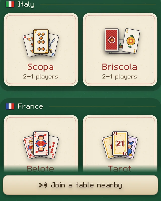 Pixel Card Club's menu of games, with the Join a table nearby button at the bottom